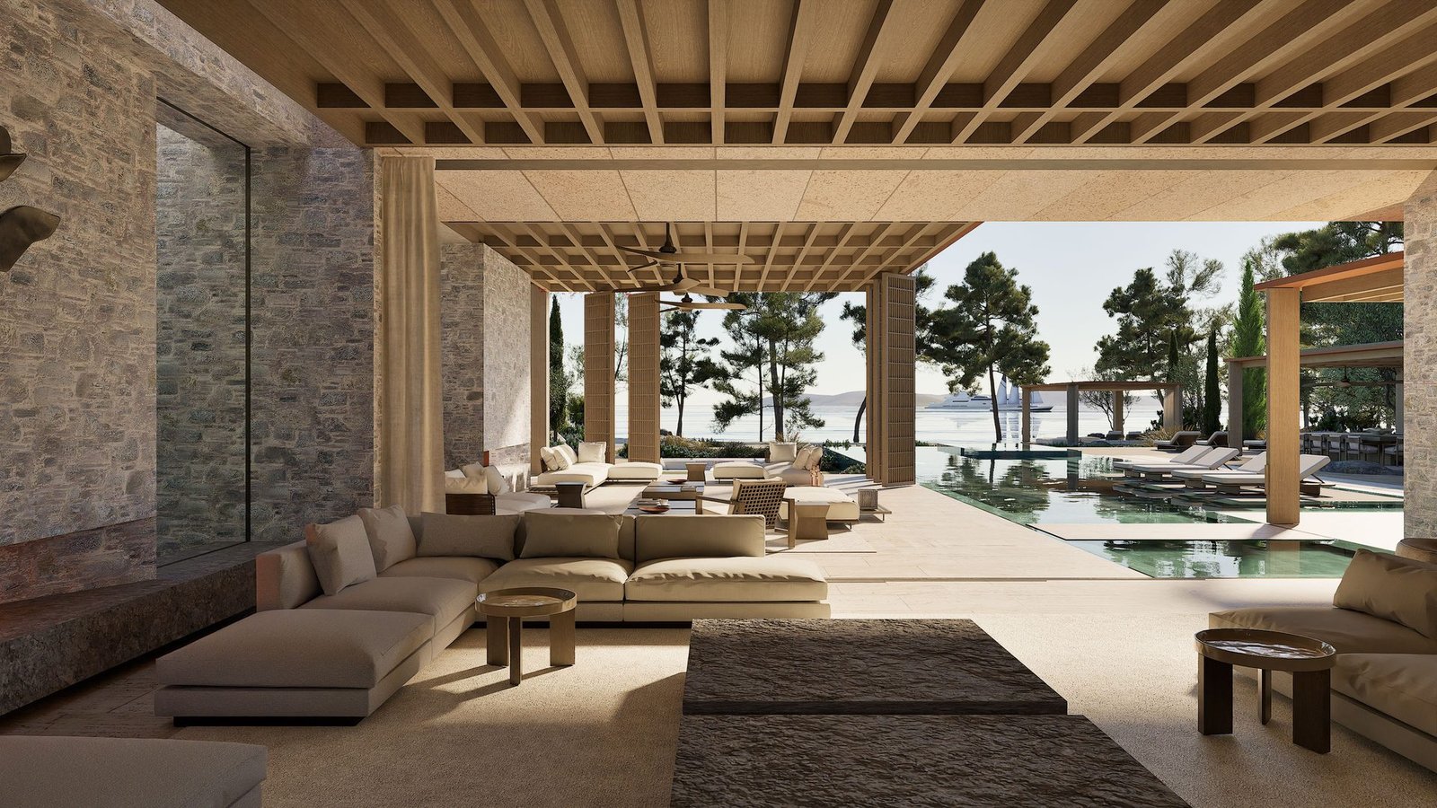 Living area of a villa at Aman Residences, Bodrum looking out to the Aegean