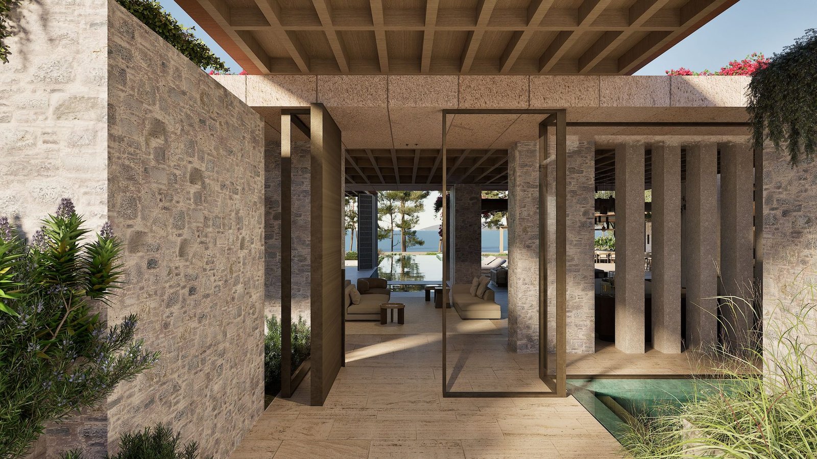 Stone entrance corridor framing the Aegean at Aman Residences, Bodrum