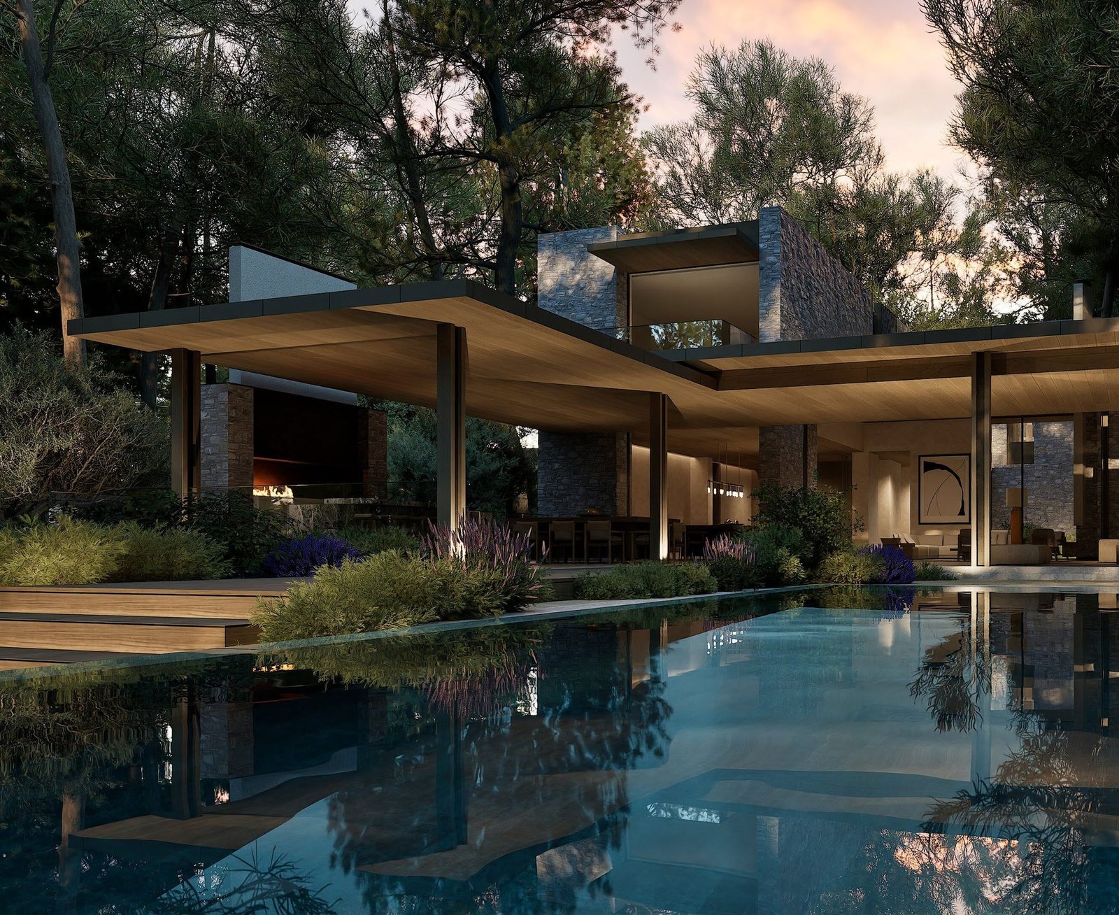A villa and infinity pool at Aman Residences, Bodrum at dusk
